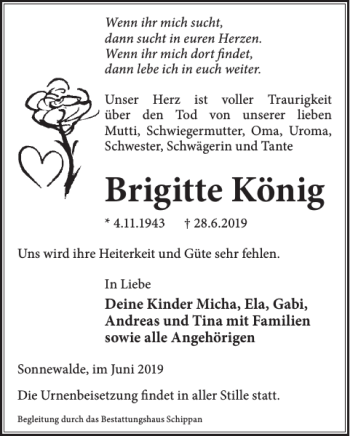 Traueranzeige von Brigitte König von WochenKurier