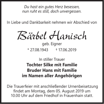 Traueranzeige von Bärbel Hanisch von WochenKurier