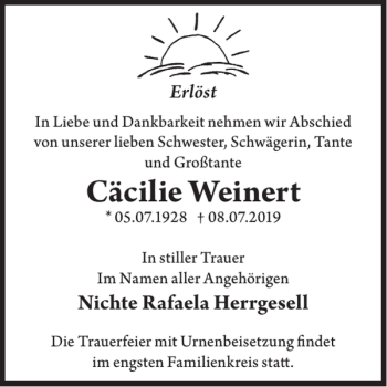 Traueranzeige von Cäcilie Weinert von WochenKurier