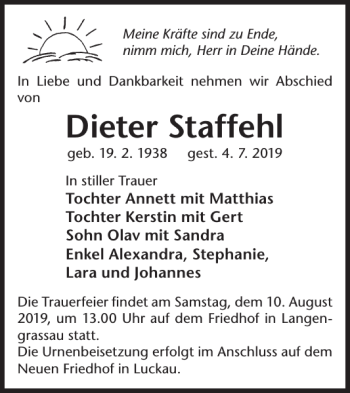 Traueranzeige von Dieter Staffehl von WochenKurier