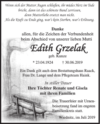 Traueranzeige von Edith Grzelak von WochenKurier