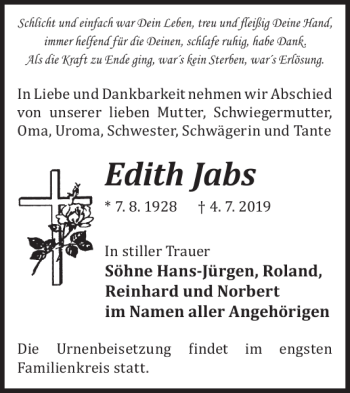Traueranzeige von Edith Jabs von WochenKurier