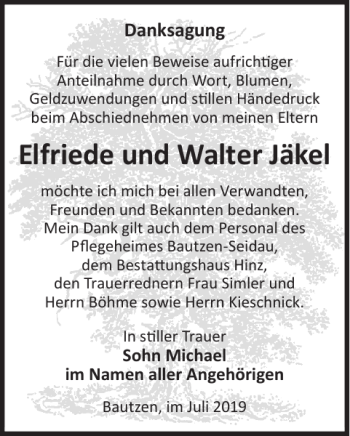 Traueranzeige von Elfriede und Walter Jäkel von WochenKurier
