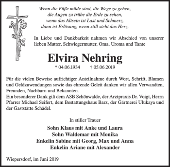 Traueranzeige von Elvira Nehring von WochenKurier
