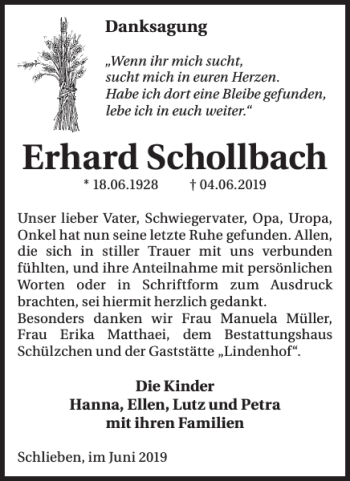 Traueranzeige von Erhard Schollbach von WochenKurier
