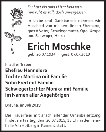 Traueranzeige von Erich Moschke von WochenKurier