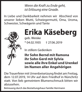 Traueranzeige von Erika Käseberg von WochenKurier