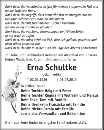 Traueranzeige von Erna Schultke von WochenKurier