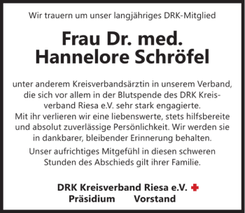 Traueranzeige von Frau Dr. med. Hannelore Schröfel von WochenKurier