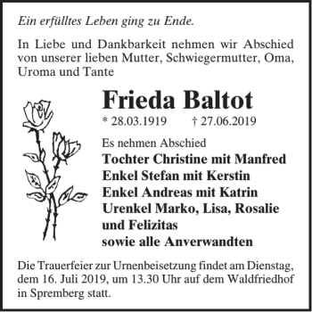 Traueranzeige von Frieda Baltot von WochenKurier