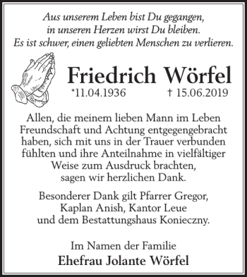 Traueranzeige von Friedrich Wörfel von WochenKurier