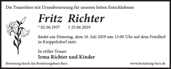 Traueranzeige von Fritz Richter von WochenKurier