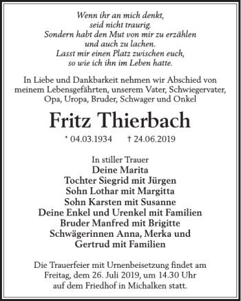 Traueranzeige von Fritz Thierbach von WochenKurier