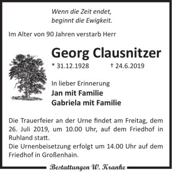 Traueranzeige von Georg Clausnitzer von WochenKurier