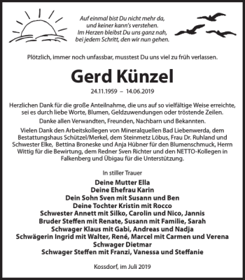 Traueranzeige von Gerd Künzel von WochenKurier