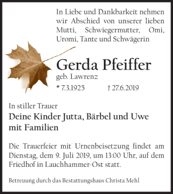 Traueranzeige von Gerda Pfeiffer von WochenKurier