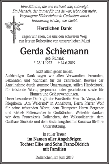 Traueranzeige von Gerda Schiemann von WochenKurier