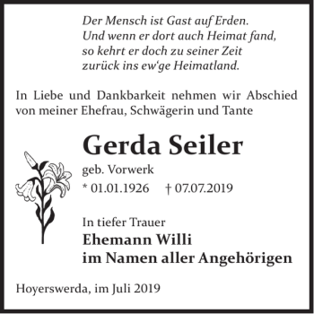 Traueranzeige von Gerda Seiler von WochenKurier