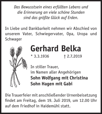 Traueranzeige von Gerhard Belka von WochenKurier
