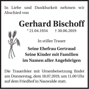 Traueranzeige von Gerhard Bischoff von WochenKurier