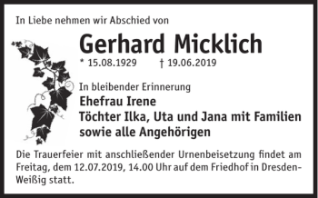 Traueranzeige von Gerhard Micklich von WochenKurier