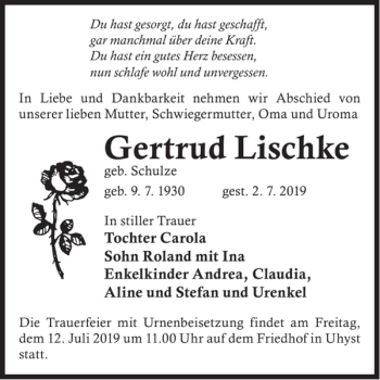 Traueranzeige von Gertrud Lischke von WochenKurier