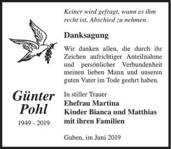 Traueranzeige von Günter Pohl von WochenKurier