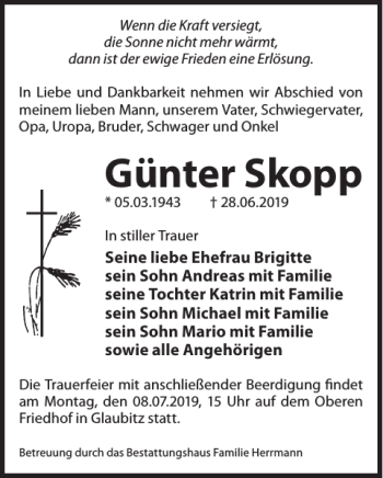Traueranzeige von Günter Skopp von WochenKurier