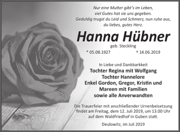 Traueranzeige von Hanna Hübner von WochenKurier