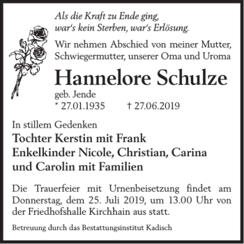 Traueranzeige von Hannelore Schulze von WochenKurier