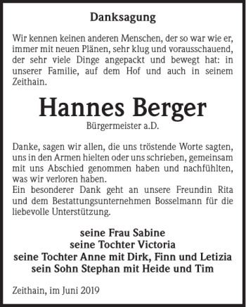 Traueranzeige von Hannes Berger von WochenKurier