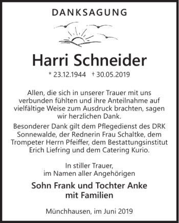 Traueranzeige von Harri Schneider von WochenKurier