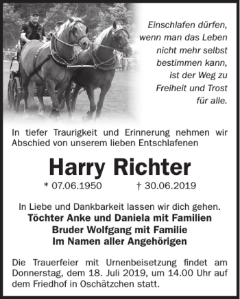 Traueranzeige von Harry Richter von WochenKurier