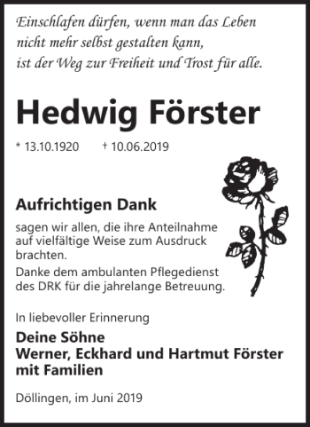Traueranzeige von Hedwig Förster von WochenKurier