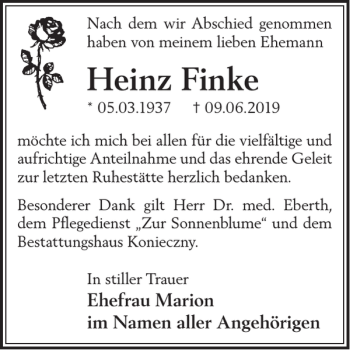 Traueranzeige von Heinz Finke von WochenKurier