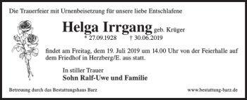 Traueranzeige von Helga Irrgang von WochenKurier
