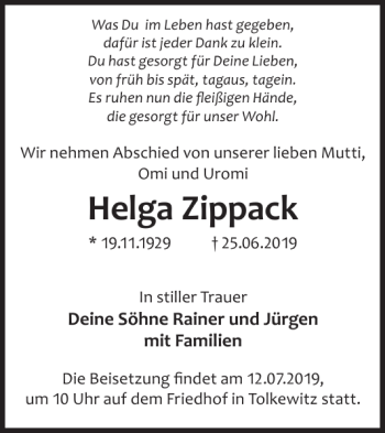 Traueranzeige von Helga Zippack von WochenKurier
