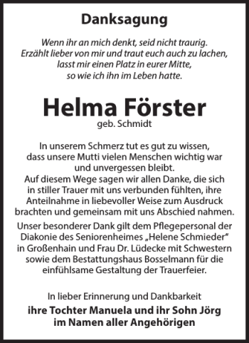 Traueranzeige von Helma Förster von WochenKurier