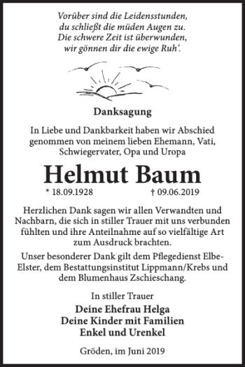 Traueranzeige von Helmut Baum von WochenKurier