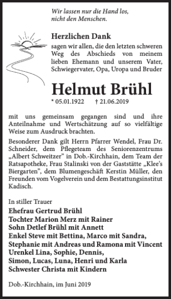 Traueranzeige von Helmut Brühl von WochenKurier