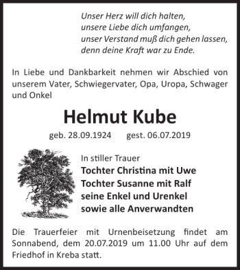 Traueranzeige von Helmut Kube von WochenKurier