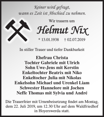 Traueranzeige von Helmut Nix von WochenKurier