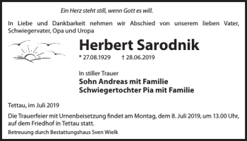 Traueranzeige von Herbert Sarodnik von WochenKurier