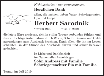 Traueranzeige von Herbert Sarodnik von WochenKurier