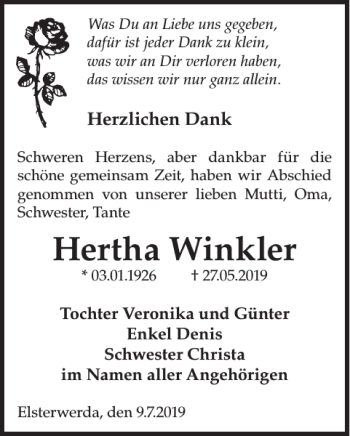 Traueranzeige von Hertha Winkler von WochenKurier