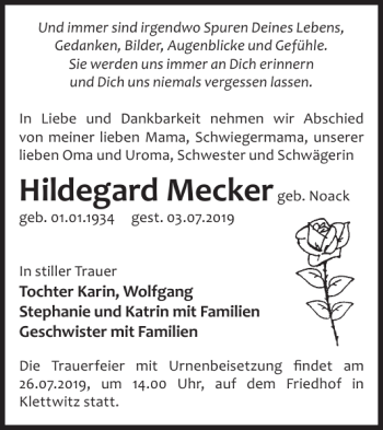 Traueranzeige von Hildegard Mecker von WochenKurier