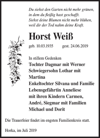 Traueranzeige von Horst Weiß von WochenKurier