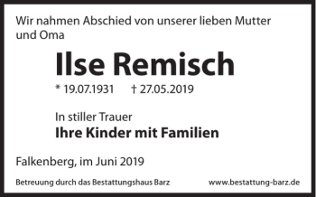 Traueranzeige von Ilse Remisch von WochenKurier