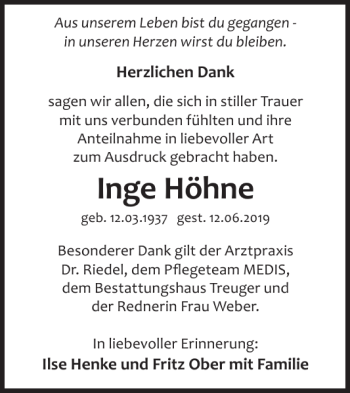 Traueranzeige von Inge Höhne von WochenKurier