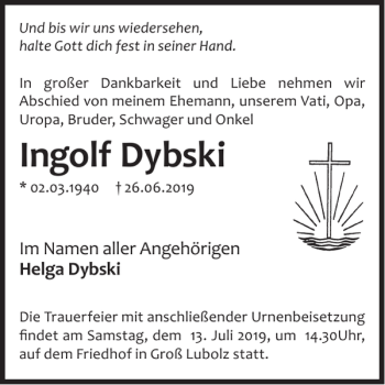 Traueranzeige von Ingolf Dybski von WochenKurier